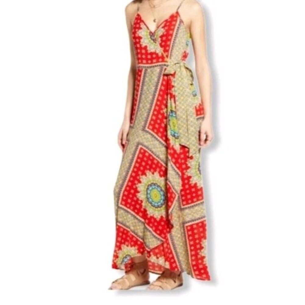 Band Of Gypsies Wrap Maxi Dress S Sleeveless V Neck Floral Side Belt New